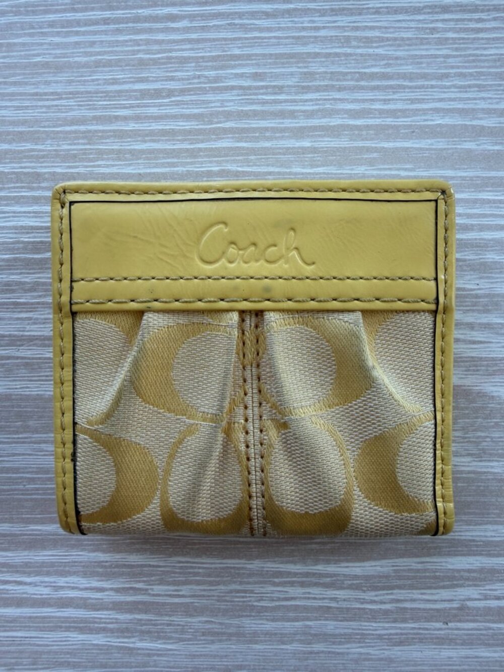 Coach Signature Jacquard Bifold ID Wallet Yellow Leather Zip Coin Pocket